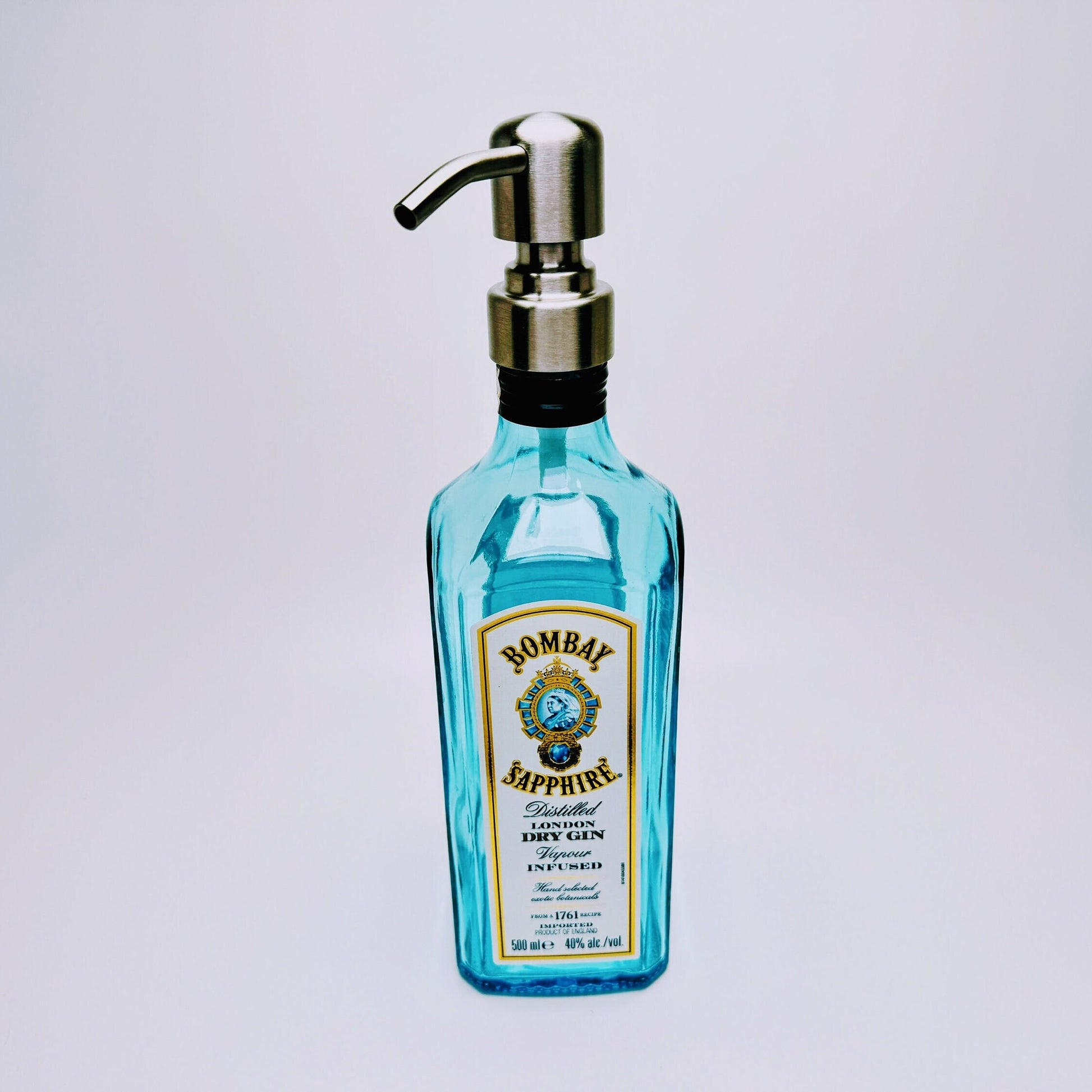 Gin-Seifenspender "Bombay Bubbles" | Upcycling Pumpspender aus Bombay Gin-Flasche | Nachfüllbar mit Seife etc. | Bad Deko Geschenk England