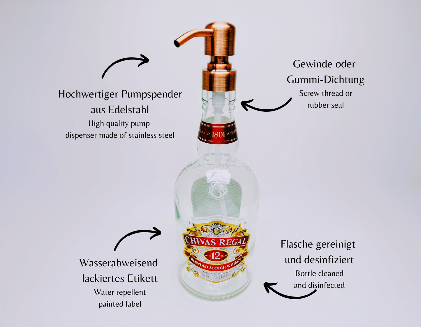 Seifenspender aus Whisky-Flaschen - Nachfüllbarer Pumpspender für Seife, Lotion oder Bartöl - 500-700 ml - Jack Daniels