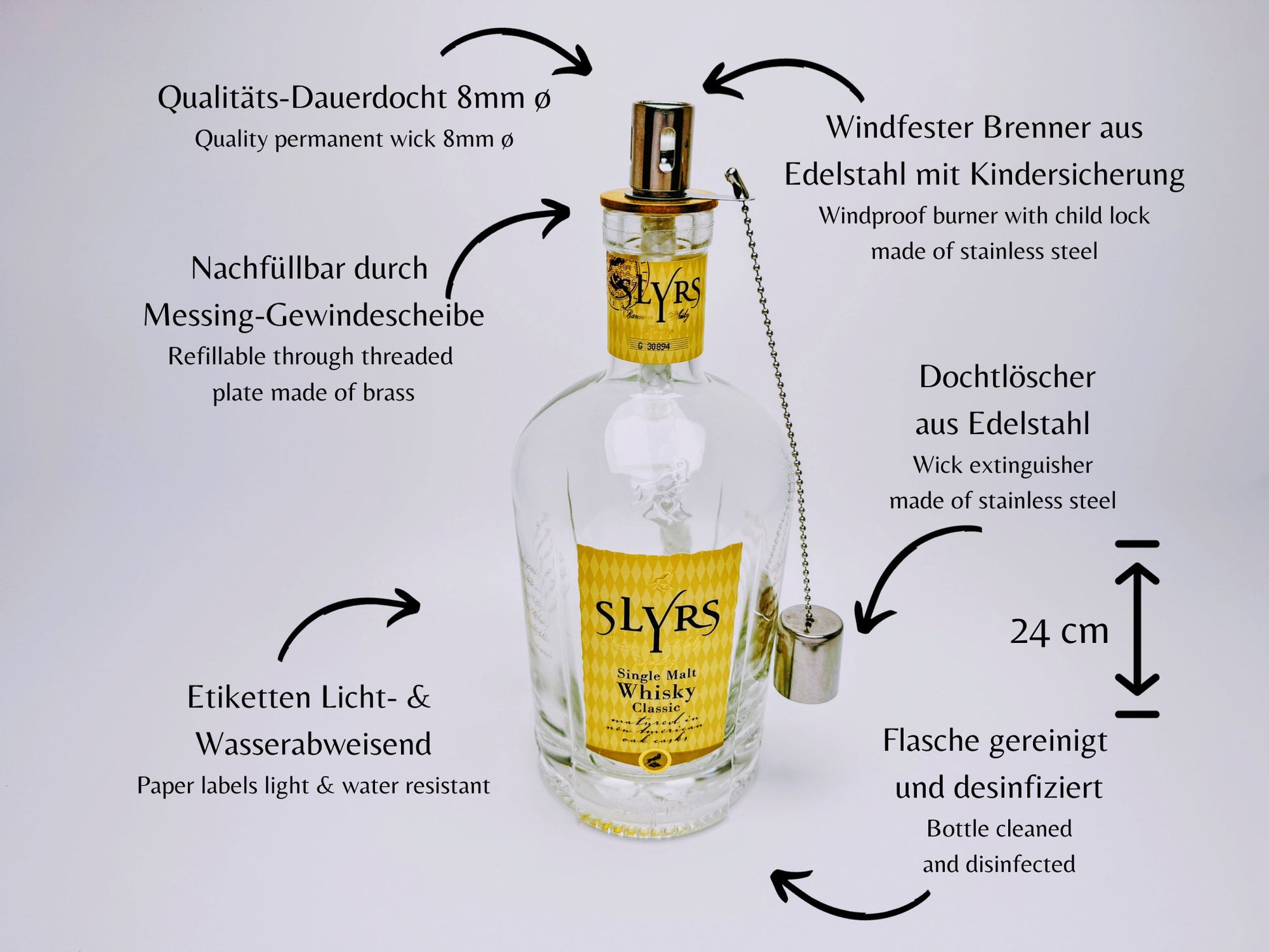 Whisky-Öllampe "Slyrs Shine" | Handgemachte Öllampe aus Slyrs Whisky Flaschen | Upcycling | Individuell | Geschenk | München | Bayern | Deko
