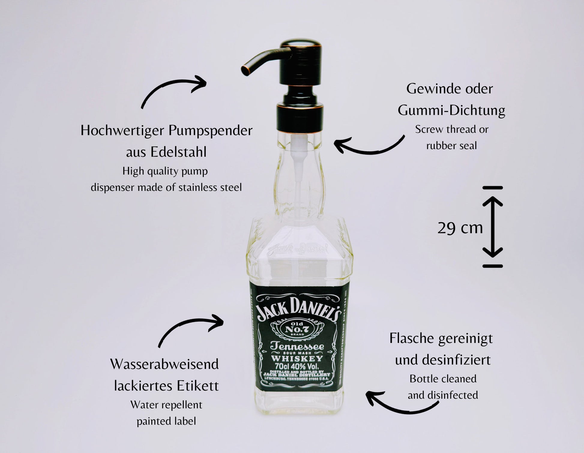 Whisky-Seifenspender “Jacky” | Upcycling Pumpspender aus Jack Daniels Flaschen | Nachfüllbar mit Seife, Spüli, Bartöl | Bad Deko Geschenk