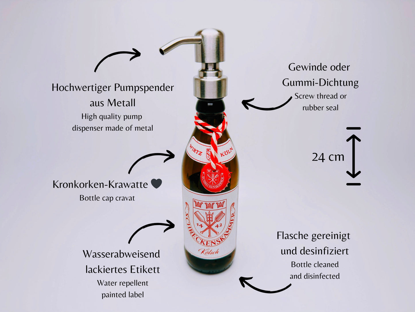 Seifenspender aus Kölsch-Bierflaschen - Handgemacht - Upcycling - Nachfüllbarer Pumpspender für Seife, Lotion oder Spüli - 0,33l - Köln Geschenk