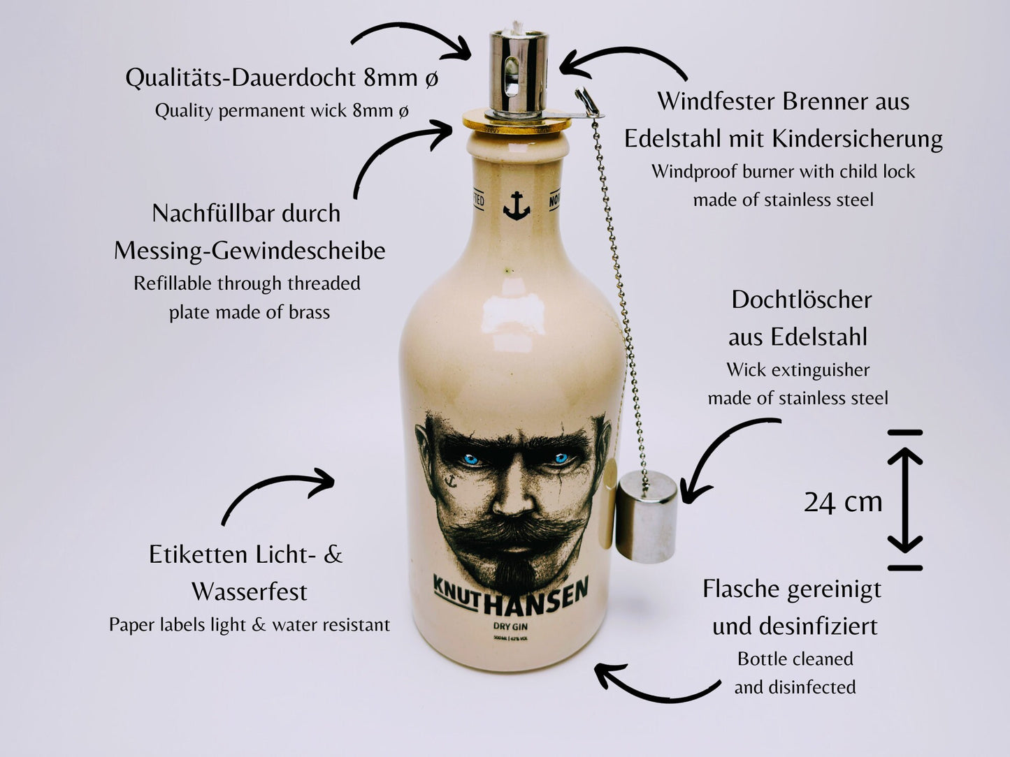Gin Öllampe "Knut Hansen" | Handgemachte Öllampe aus Knut Hansen Flaschen | Upcycling | Handgefertigt | Individuell | Geschenk | Deko