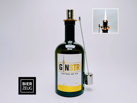 Gin Öllampe "Ginstr" | Handgemachte Öllampe aus Ginstr Gin Flasche | Upcycling | Handgefertigt | Individuell | Geschenk | Deko | H:22cm 0,5l