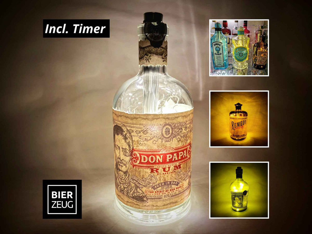 Rum-Lichter-Flaschen - Upcycling - LED-Flaschen für die Vitrine - LED-Lichterkette (Batterie) inklusive Timer - Don Papa Botucal Remedy