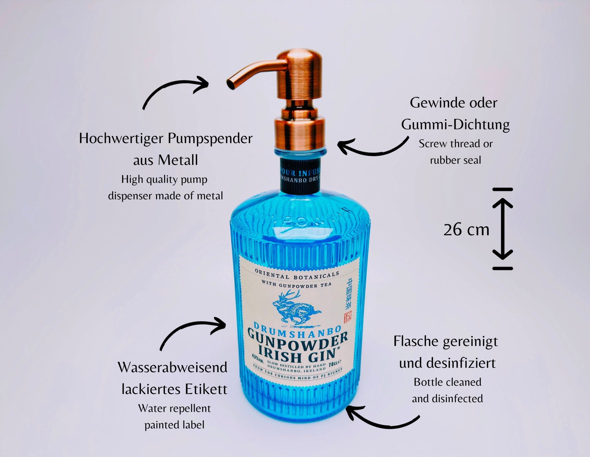 Gin-Seifenspender "Gunpowder" | Upcycling Pumpspender aus Gunpowder-Flasche | Nachfüllbar mit Seife, Lotion | Bad Deko Geschenk Irland