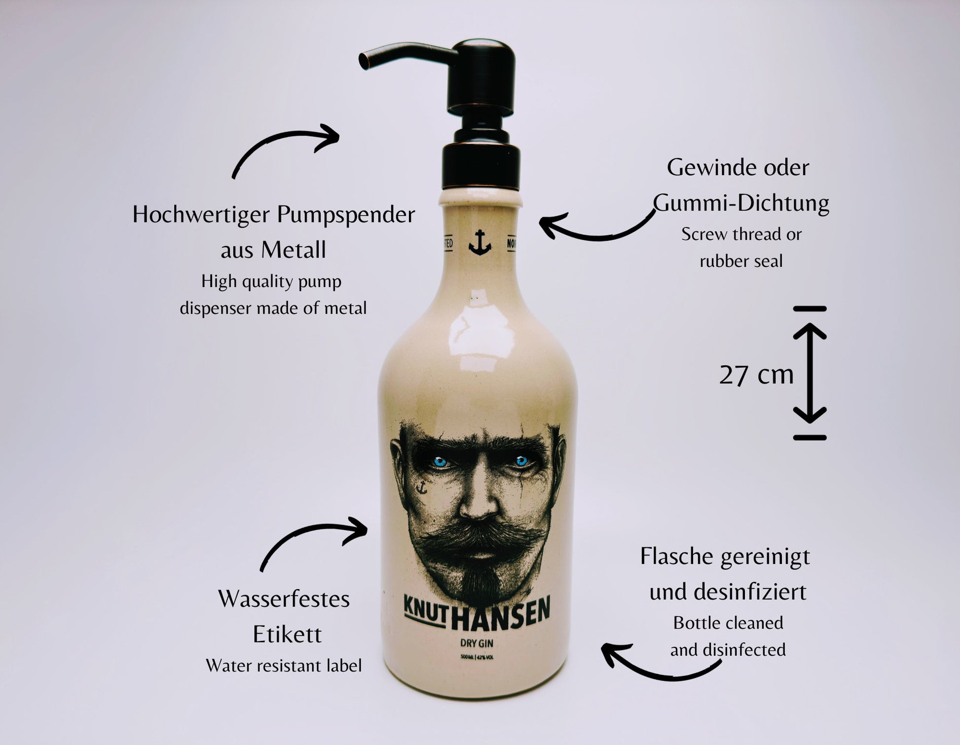 Gin-Seifenspender "Knut Hansen" | Upcycling Pumpspender aus Gin-Flasche | Nachfüllbar mit Seife, Lotion, Bartöl | Bad Deko Geschenk Hamburg