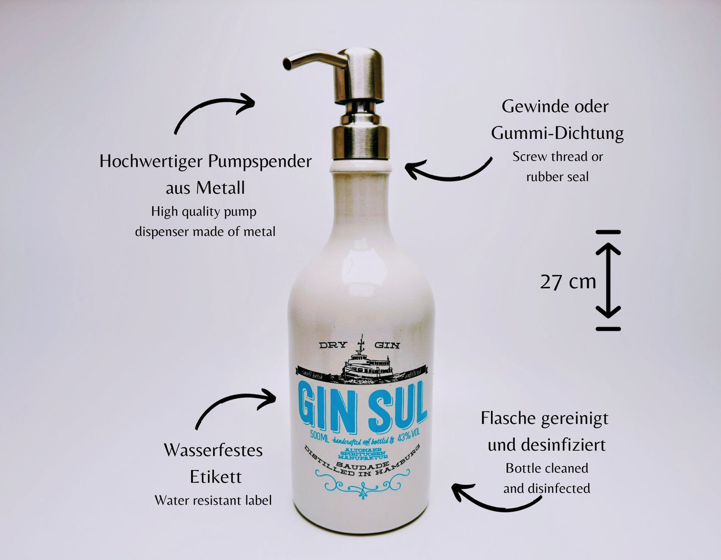 Gin Sul Seifenspender “SulSpender” | Upcycling Pumpspender aus Gin Sul Flasche | Nachfüllbar | Deko Bad Geschenk Hamburg | 500ml - H:27cm