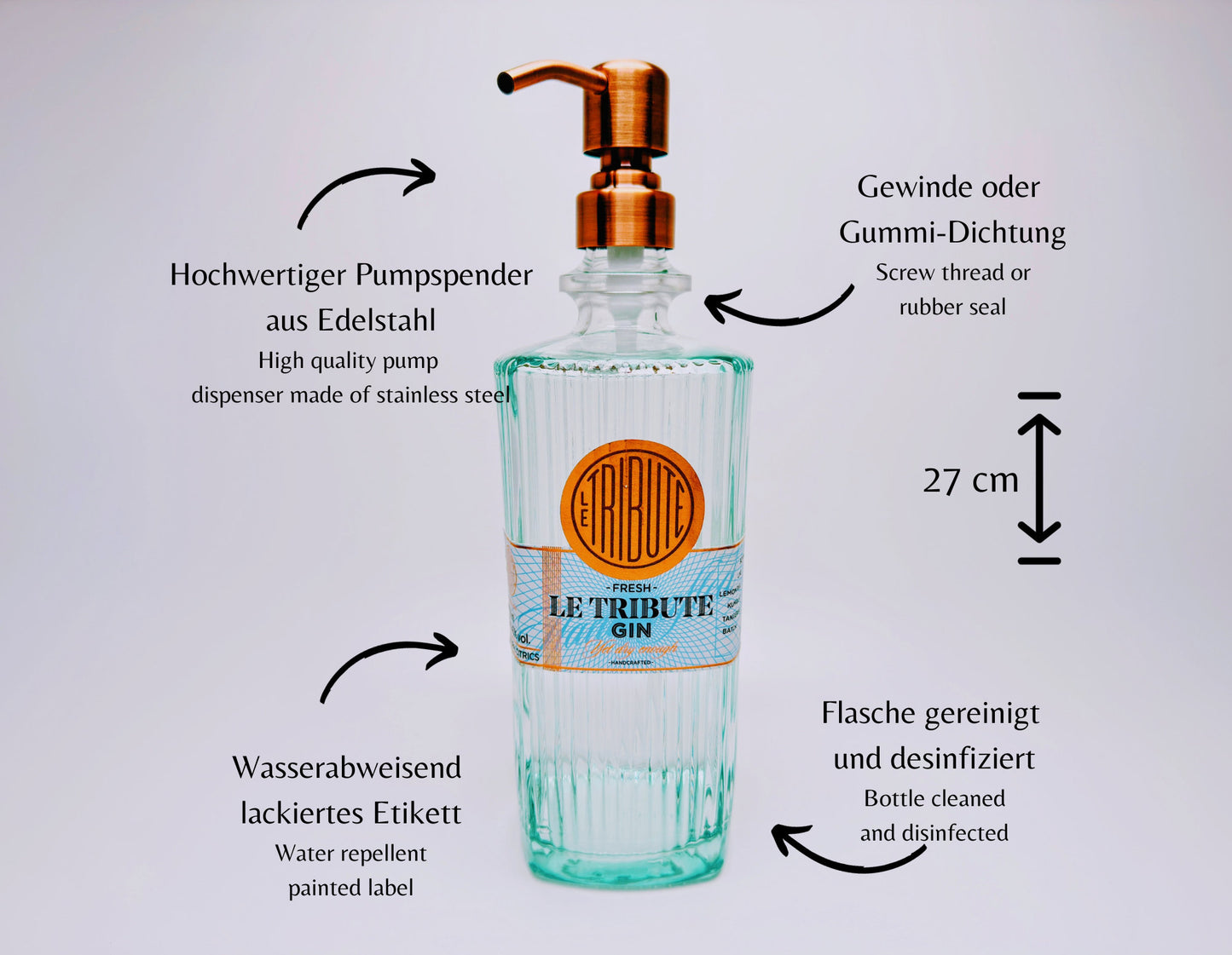 Gin-Seifenspender "Le Tribute" | Upcycling Pumpspender aus Le Tribute Gin Flasche | Nachfüllbar mit Seife | Bad Deko | Geschenk Spanien