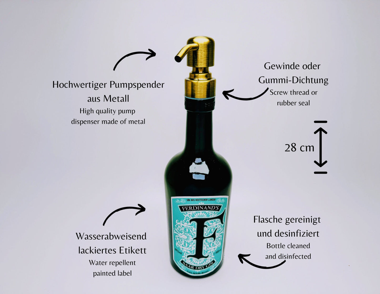 Gin-Seifenspender "Ferdinand" | Upcycling Pumpspender aus Ferdinands Gin Flasche | Nachfüllbar mit Seife | Bad Deko | Geschenk Mosel