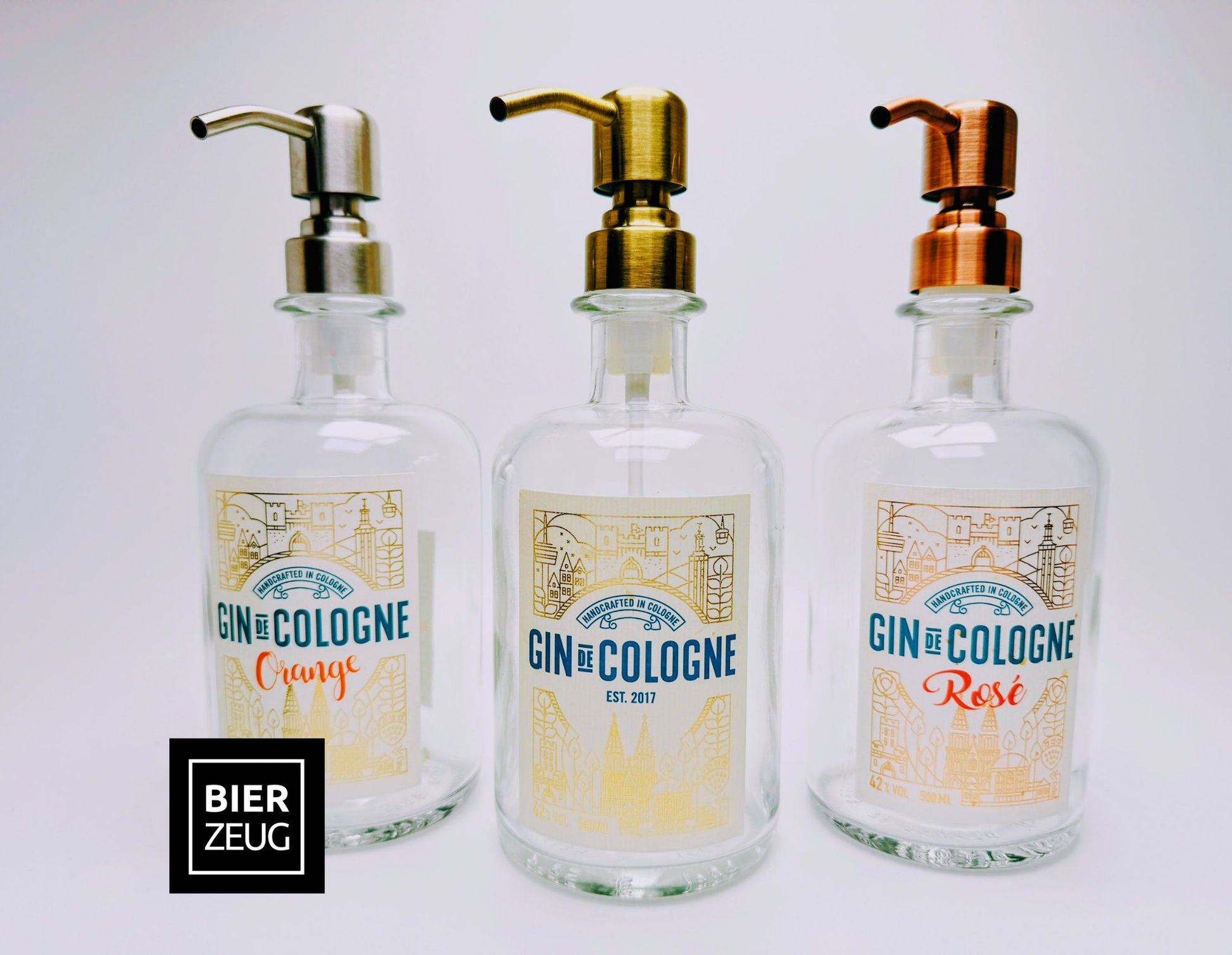 Gin-Seifenspender "Gin de Cologne" | Upcycling Pumpspender aus Gin Cologne Flaschen | Nachfüllbar mit Seife etc. | Bad Deko | Geschenk Köln