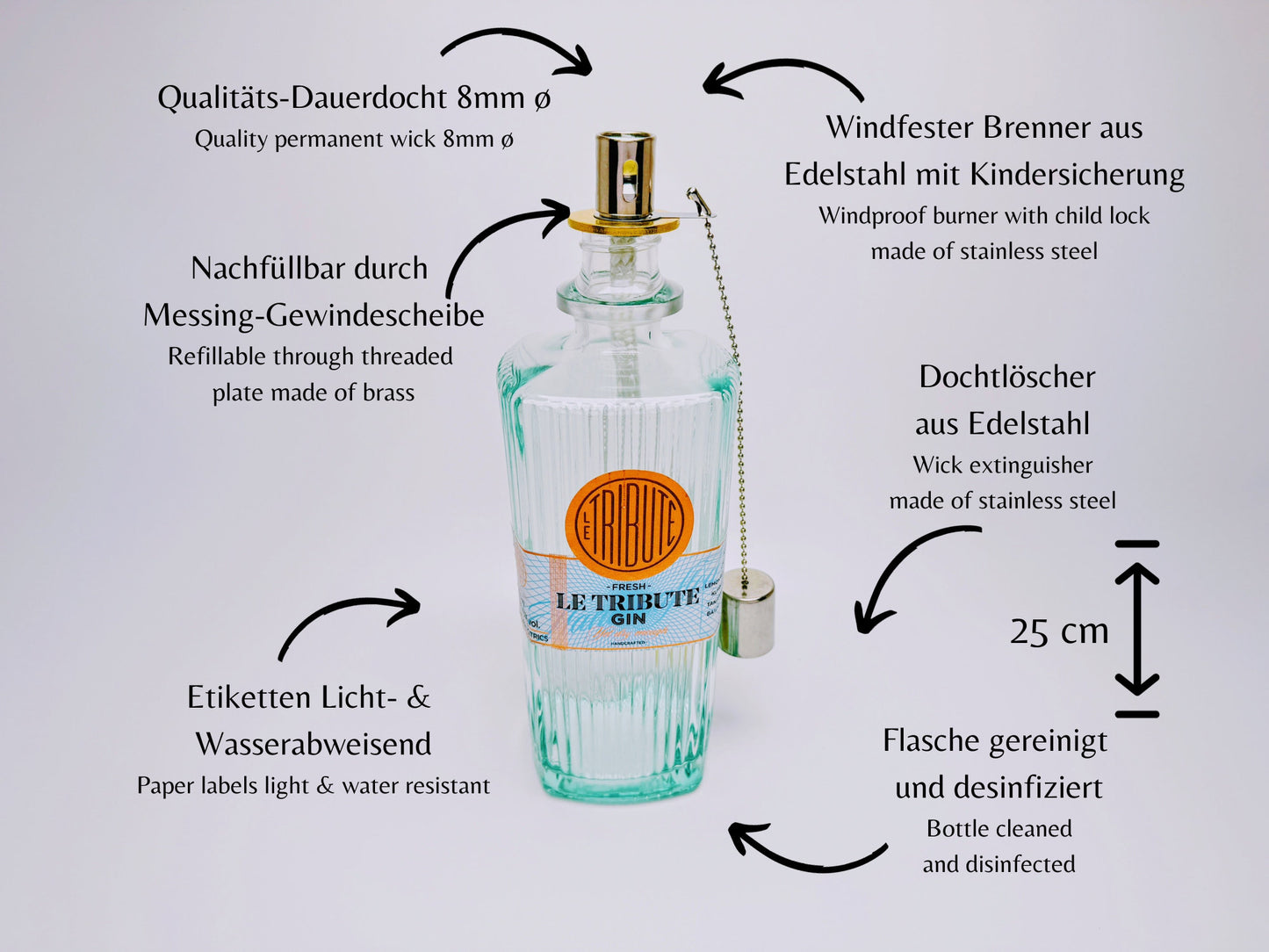 Gin Öllampe "Le Tribute" | Handgemachte Öllampe aus Le Tribute Gin Flaschen | Upcycling | Handgefertigt | Individuell | Geschenk | Deko