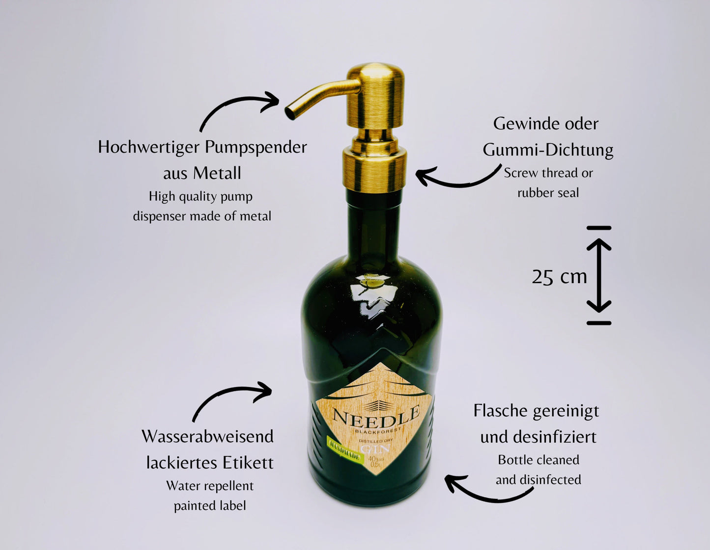 Gin-Seifenspender "Needle" | Upcycling Pumpspender aus Needle Gin Flasche | Nachfüllbar mit Seife, Spüli | Bad Deko | Geschenk Schwarzwald