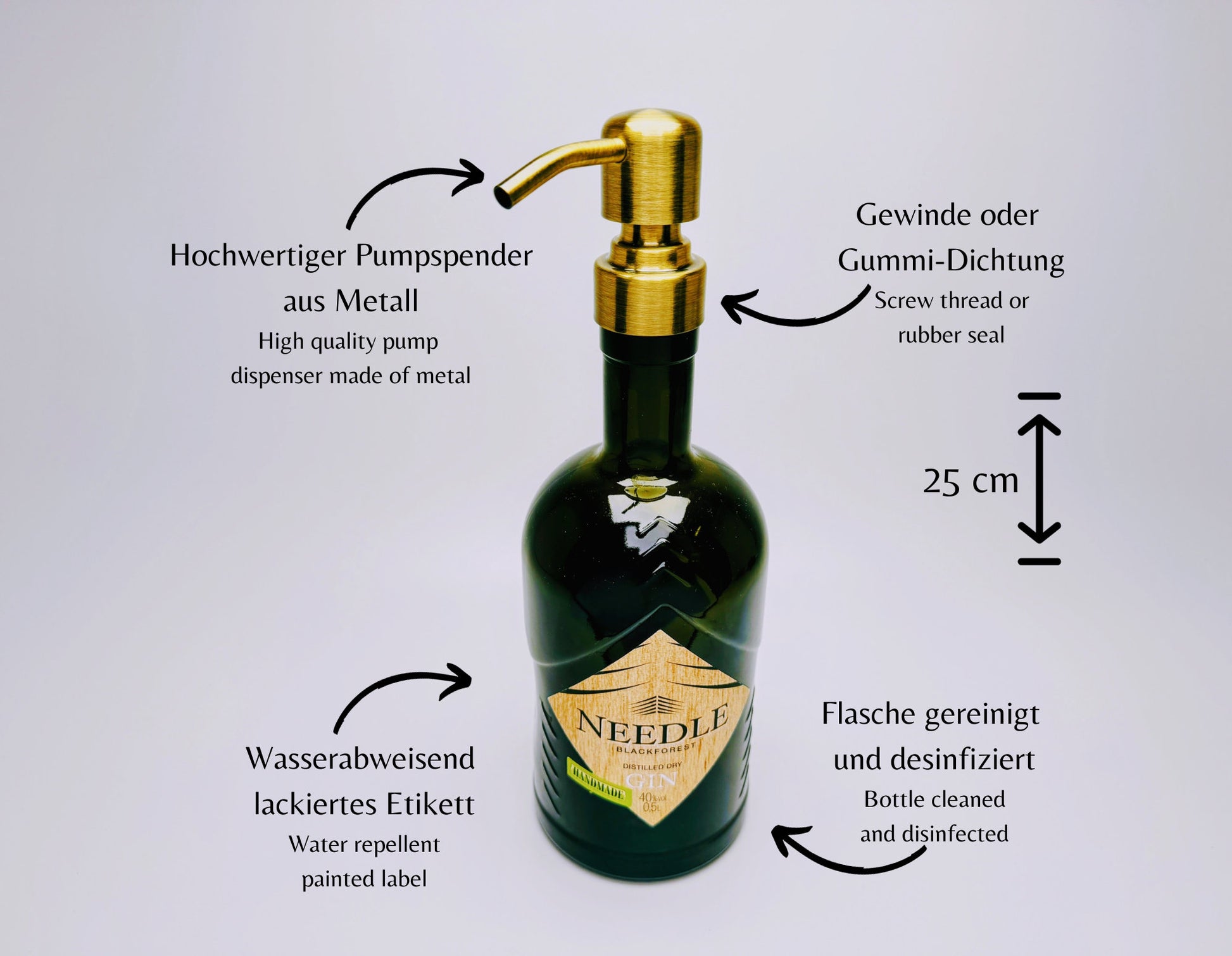 Gin-Seifenspender "Needle" | Upcycling Pumpspender aus Needle Gin Flasche | Nachfüllbar mit Seife, Spüli | Bad Deko | Geschenk Schwarzwald