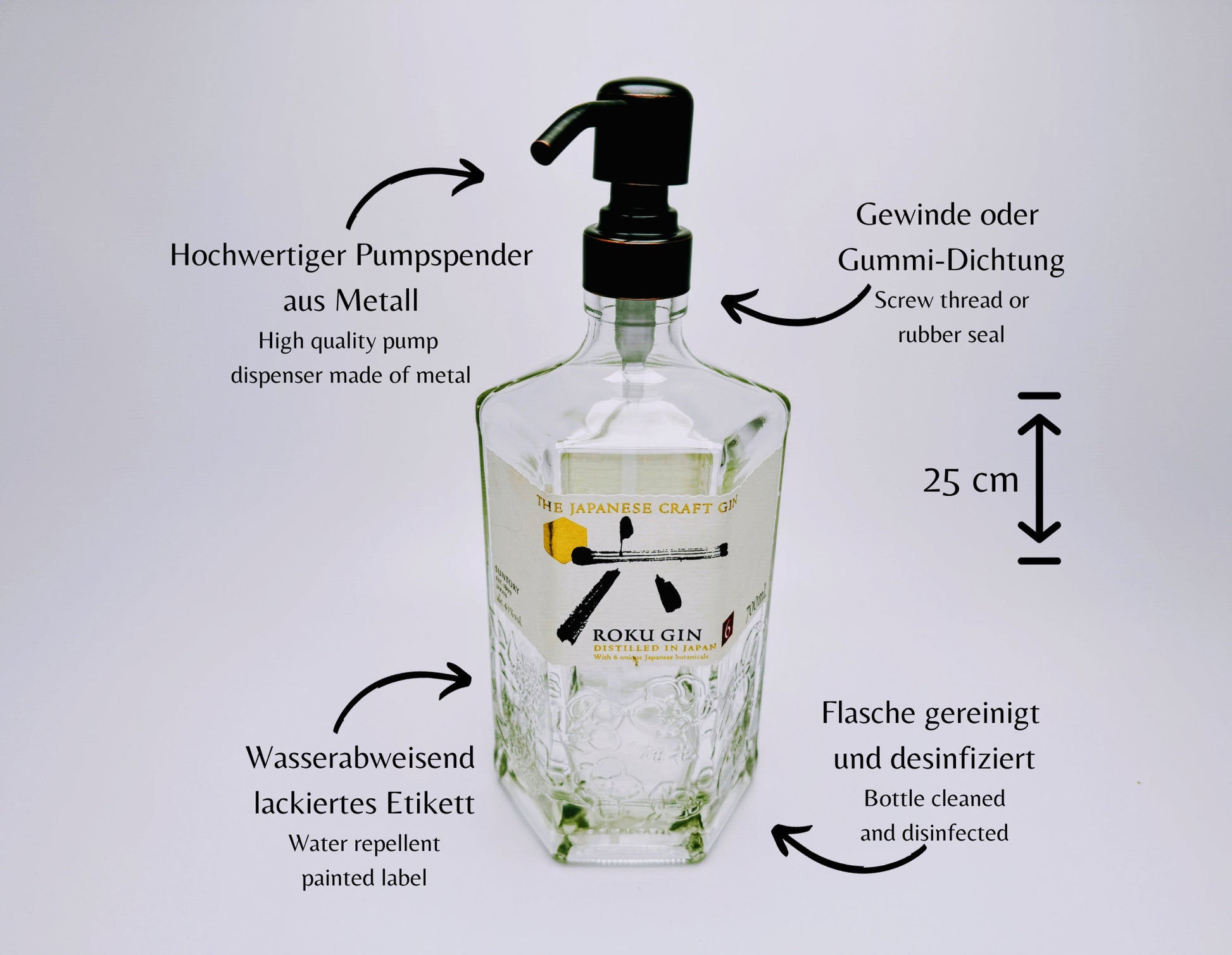 Gin-Seifenspender "Roku" | Upcycling Pumpspender aus Roku Gin Flasche | Nachfüllbar mit Seife, Spüli, Lotion | Bad Deko | Geschenk Japan