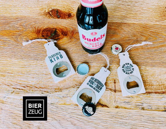 Wooden bottle opener "Bottle Joy" with cord - In bottle shape with funny sayings - A must-have for beer lovers - 10cm