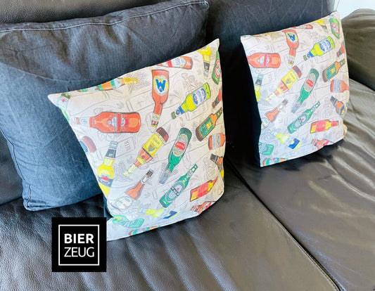 Bierkissen | Kissenbezug mit Bier-Motiv | Sofa-Kissen mit Bier-Flaschen-Design | Kopfkissen aus Stoff | Dekokissen | Handgefertigt | 40x40 cm